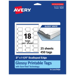 Avery® Printable Tags With Sure Feed® Technology, Print-To-The-Edge, 2"x1.25", Glossy White, Pack Of 450