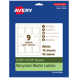 Avery® Recycled Paper Labels, 94104-EWMP10, Square, 2-1/2" x 2-1/2", White, Pack Of 90