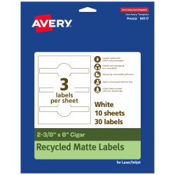 Avery® Recycled Paper Labels, 94117-EWMP10, Cigar, 2-3/8" x 8", White, Pack Of 30