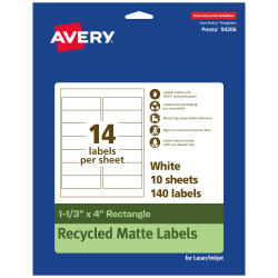 Avery® Recycled Paper Labels, 94206-EWMP10, Rectangle, 1-1/3" x 4", White, Pack Of 140