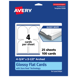 Avery® Print-To-The-Edge Flat Cards With Sure Feed® Technology, 4-3/4"x3-1/2" Arched, Glossy White, Pack Of 100