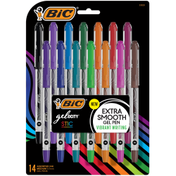 BIC® Gel-ocity Stic Gel Pens, Medium Point, 0.7 mm, Clear Barrel, Assorted Ink, Pack of 14 Pens