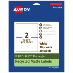 Avery® Recycled Paper Labels, 94229-EWMP10, Rectangle, 5-1/2" x 8-1/2", White, Pack Of 20