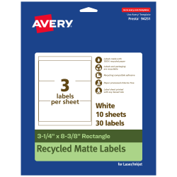Avery® Recycled Paper Labels, 94251-EWMP10, Rectangle, 3-1/4" x 8-3/8", White, Pack Of 30