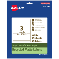 Avery® Recycled Paper Labels, 94251-EWMP25, Rectangle, 3-1/4" x 8-3/8", White, Pack Of 75