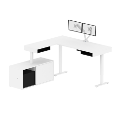 Bestar Pro-Vega 81"W L-Shaped Standing Corner Desk With Dual Monitor Arm And Credenza, White/Black