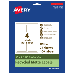 Avery® Recycled Paper Labels, 94256-EWMP25, Rectangle, 5" x 3-1/2", White, Pack Of 100