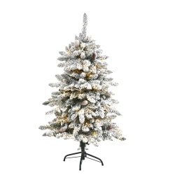Nearly Natural Flocked Livingston Artificial Fir Christmas Tree, 4'