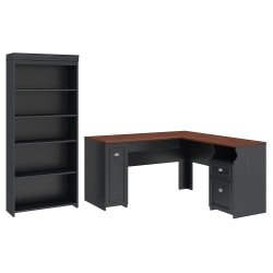 Bush Furniture Fairview 60"W L-Shaped Desk With 5-Shelf Bookcase, Antique Black, Standard Delivery