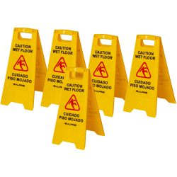 Alpine Industries Bilingual Caution Wet Floor Signs, 24-5/8" x 11-13/16", Yellow, Pack Of 5 Signs