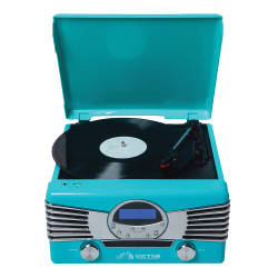 Victor Diner VHRP-1400 Dual-Bluetooth® Belt-Drive 7-In-1 Music Center With Turntable And AM/FM Radio And CD Player, 10"H x 8.5"W x 15.5"D, Turquoise