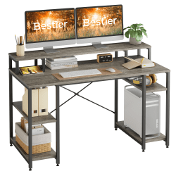 Bestier 56"W Student Desk With Monitor Stand & Storage Shelf, Dark Retro Gray Oak