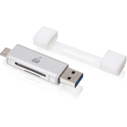 IOGEAR USB-C Duo Mobile Device Card Reader/Writer - 2-in-1 - SD, SDHC, SDXC, microSD, microSDHC, microSDXC, MultiMediaCard (MMC), Reduced Size MultiMediaCard (MMC) - USB Type C, USB Type AExternal - 1 Pack