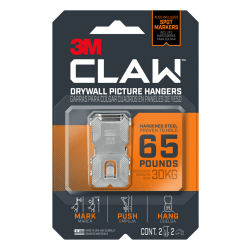 3M™ CLAW Drywall Picture Hangers, 65 Lb, Pack Of 2 Hangers