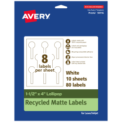 Avery® Recycled Paper Labels, 94116-EWMP10, Lollipop, 1-1/2" x 4", White, Pack Of 80
