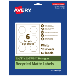Avery® Recycled Paper Labels, 94121-EWMP10, Hexagon, 2-1/2" x 2-57/64", White, Pack Of 60