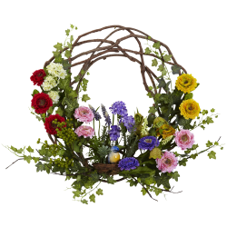 Nearly Natural Spring Floral 22"H Plastic Wreath, 22"H x 22’W x 7"D, Multicolor