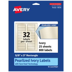Avery® Pearlized Permanent Labels With Sure Feed®, 94214-PIP25, Rectangle, 5/8" x 3", Ivory, Pack Of 800 Labels