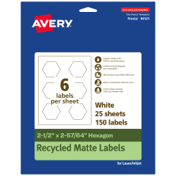 Avery® Recycled Paper Labels, 94121-EWMP25, Hexagon, 2-1/2" x 2-57/64", White, Pack Of 150