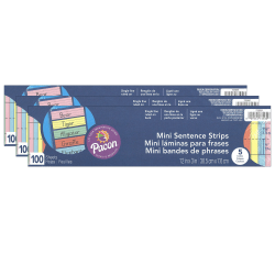 Pacon Mini Sentence Strips, 1/16"H x 3"W x 12"D, Assorted Colors, 100 Strips Per Pack, Set Of 3 Packs