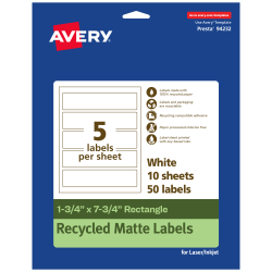 Avery® Recycled Paper Labels, 94232-EWMP10, Rectangle, 1-3/4" x 7-3/4", White, Pack Of 50