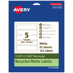 Avery® Recycled Paper Labels, 94232-EWMP25, Rectangle, 1-3/4" x 7-3/4", White, Pack Of 125