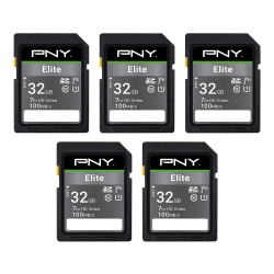 PNY® Elite Class 10 U1 V10 SDHC Flash Memory Cards, 32GB, Pack Of 5 Memory Cards