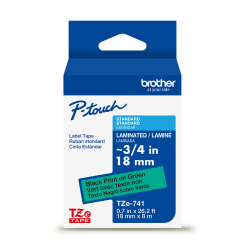 Brother P-touch TZe741, Laminated, ~3/4" x 26.2 ft (18mm x 8m), Black on Green Label Tape