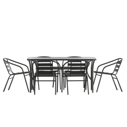 Flash Furniture Lila 7 Piece Commercial Outdoor Patio Dining Set with Tempered Glass Patio Table with Umbrella Hole and 6 Triple Slat Chairs, Black