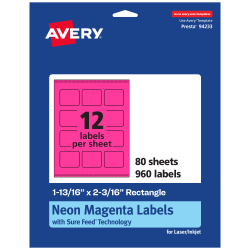 Avery® Print-To-The-Edge Labels With Sure Feed® Technology And Easy Peel® Label Feature, 94233-NMP80, Rectangle, 1-13/16" x 2-3/16", Matte Neon Magenta, Pack of 960
