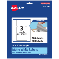 Avery® Print-To-The-Edge TrueBlock® Labels With Sure Feed®, 94213-TWMP100, Rectangle, 3" x 5", Matte White, Pack Of 300