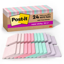 Post-it® 100% Recycled Paper Super Sticky Notes, 3 in x 3 in, Wanderlust Pastels Collection, 24 Pads/Pack, 70 Sheets/Pad