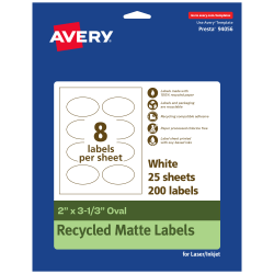Avery® Recycled Paper Labels, 94056-EWMP25, Oval, 2" x 3-1/3", White, Pack Of 200