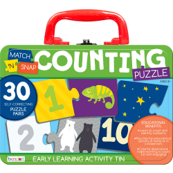Bendon, Inc. Match N' Snap Puzzles In Lunchbox Tin, Counting, Set Of 30 Puzzle Pairs