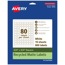 Avery® Recycled Paper Labels, 94102-EWMP10, Square, 3/4" x 3/4", White, Pack Of 800