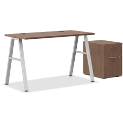 HON® Mod 48"W Table Writing Desk With Mobile Storage, Silver/Sepia Walnut