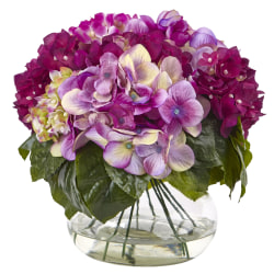 Nearly Natural Hydrangea 11"H Plastic Floral Arrangement With Round Glass Vase, 11"H x 12"W x 12"D, Multi-Tone Beauty