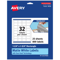 Avery® TrueBlock® Labels With Sure Feed®, 94226-TWMP25, Rectangle, 1-1/4" x 1-3/4", Matte White, Pack Of 800