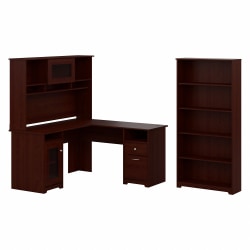 Bush Furniture Cabot 60"W L-Shaped Desk With Hutch And 5-Shelf Bookcase, Harvest Cherry, Standard Delivery
