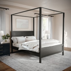 Flash Furniture Martha Stewart Hayes Solid Wood Canopy Platform Bed with Wood Headboard and Footboard, No Box Spring Needed, Dark Gray, Queen