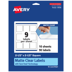 Avery® Permanent Labels With Sure Feed®, 94104-CMF10, Square, 2-1/2" x 2-1/2", Matte Clear, Pack Of 90