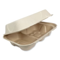 World Centric® Fiber Hinged Containers, 3"H x 9-1/4"W x 6-7/16"D, Natural, Pack Of 500 Containers
