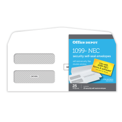 Office Depot® Brand Double-Window Self-Seal Envelopes For 1099-NEC, 3-Up Tax Forms, 8-3/8"W x 3-7/8"H, White, Pack Of 25 Envelopes