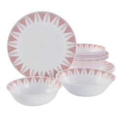 Ultra by Gibson Piper Point 12-Piece Opal Glass Dinnerware Set, White/Red Accents