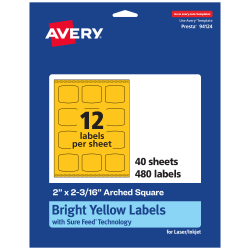 Avery® Print-To-The-Edge Labels With Sure Feed® Technology, 94124-BYP40, Arched Square, 2" x 2-3/16", Matte Bright Yellow, Pack of 480