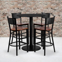 Flash Furniture Round Laminate Table Set With 4 Grid-Back Metal Barstools, 42"H x 36"W x 36"D, Black