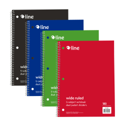 C-Line College Rule Spiral Notebooks, Wide Ruled, 9" x 11", 5 Subject, 180 Sheets, Assorted Colors, Pack Of 12 Notebooks