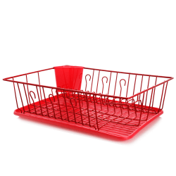 MegaChef Dish Rack With 14 Plate Positioners And Detachable Utensil Holder, 17-1/2", Red
