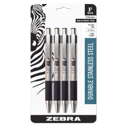Zebra® Pen F-301 Stainless Steel Retractable Ballpoint Pens, Pack Of 4, Fine Point, 0.7 mm, Black Ink