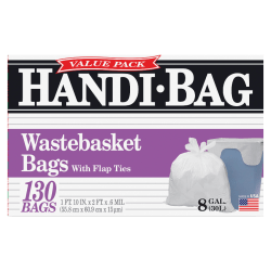 Draw 'n Tie® 0.6-mil Handi Bag Waste Liners, 8 Gallons, 21-1/2" x 24", White, Box Of 130